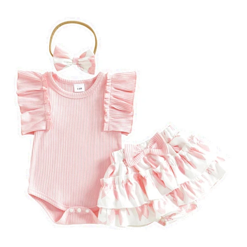 PUHHAPIEY Baby Girl Clothes Summer Infant Floral Outfit Ruffle Sleeve Knitted Romper + Layered Bloomers Shorts + Headband
