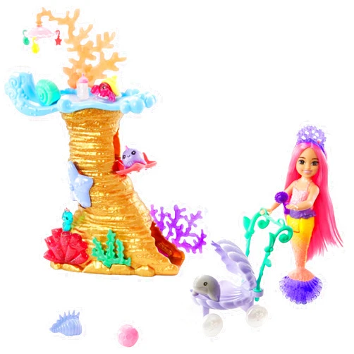 Barbie Mermaid Power Doll & Playset, Chelsea Mermaid Doll with 4 Sea Animal Pets, Toy Coral Reef Play Area, Stroller & Accessories