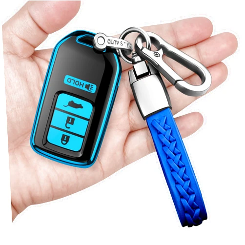 Autophone for Honda Key Fob Cover with Keychain Soft TPU 360 Degree Protection Key Shell Case for Accord Civic CRV Pilot Ridgeline Odyssey Smart Key (4 Buttons, Blue)