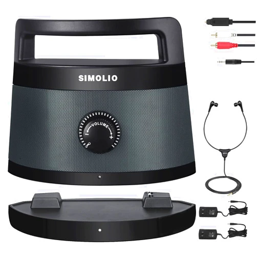 SIMOLIO Wireless Portable TV Speakers with TV Audio Listening Assistance, Voice Highlighting TV Speakers for Hard of Hearing, Seniors and Elderly, 100ft Range, Extra Headset & 2 Adapters -SM-621D