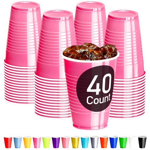 DecorRack Pink Plastic Cups, 12 oz Disposable Cups, Reusable Party Supplies (40 Count)