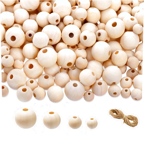 Foraineam 1200 Pieces Round Wood Beads Set Natural Wooden Loose Beads 4 Sizes 10mm, 12mm, 16 mm, 20mm Spacer Beads with 10m Jute Rope for Garland Macrame Jewelry Making DIY Farmhouse Decor