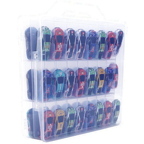 HeIiLan Toy Car Storage Organizer Case for Hot Wheels Car - Double Sided Display Carrying Container Holder for Matchbox Cars, LOL Surprise Dolls, and Shopkins - 48 Compartments. (Transparent)