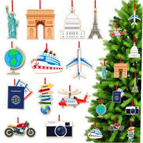 SICOHOME Travel Ornament Set 2025-12 PCS Wooden Ornaments for Christmas Tree Airplane Camera Ticket Vacation World Signs Travel-Themed Xmas Decoration Gift for Travelers Women Adventurers