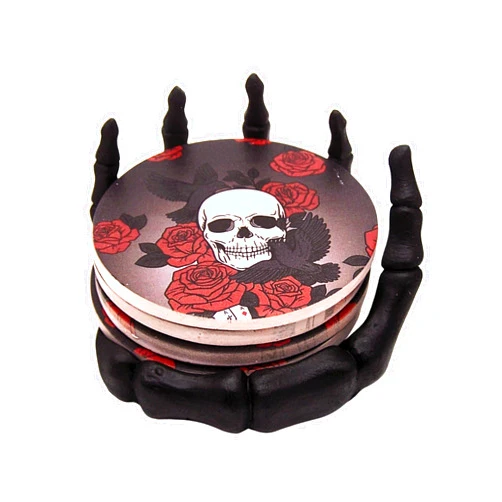 Wowser Skeleton Hand Coaster Holder with Skull and Rose Coasters, Set of 4 Coasters, Gothic Decor, 5.25 Inches