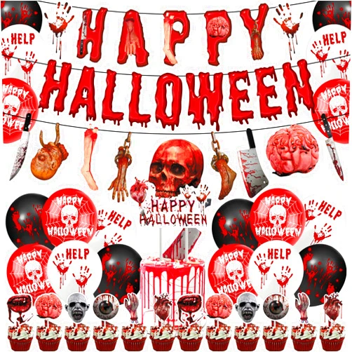 LSAMA Halloween Birthday Party Decorations, Horror Party Decorations Set Include Happy Halloween Banner Cake Topper Balloon Ghost Festival Zombie Vampire Party Decorations Supplies