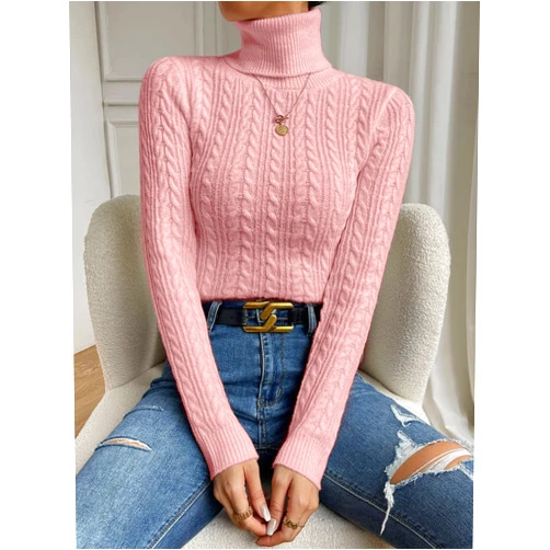 RSMACH Women's Sweater Cable Knit Turtleneck Sweater Sweater for Women (Color : Pink, Size : Medium)