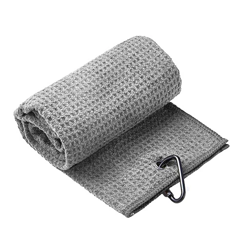 YoJiSa Tri-fold Golf Towel Microfiber Fabric Golf Towel with Carabiner Clip Waffle Pattern Golf Groove Cleaning Towel for Golf Club Bags Portable Sports Gym Towel 50 x 30 cm, Grey