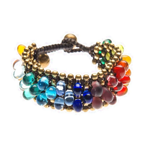 81stgeneration Women's Brass Gold Tone Rainbow Multi Colored Glass Ethnic Bracelet, 20 cm