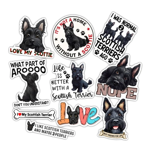 TAYTA 10pcs Black Scottish Terrier Sticker Sheet, Cute Vinyl Decals for Scottie Dog Lovers, Pet Parents, Dog Breed Fans, Waterproof, UV-Resistant, for Laptop, Water Bottle, Notebook, Journal, Phone Case