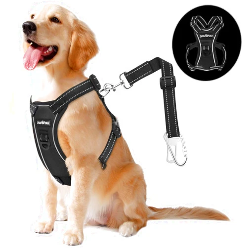 VavoPaw Dog Vehicle Safety Vest Harness, Adjustable Soft Padded Mesh Car Seat Belt Leash Harness with Reflective Strip Travel Strap and Carabiner for Most Cars, L Size, Carbon Black