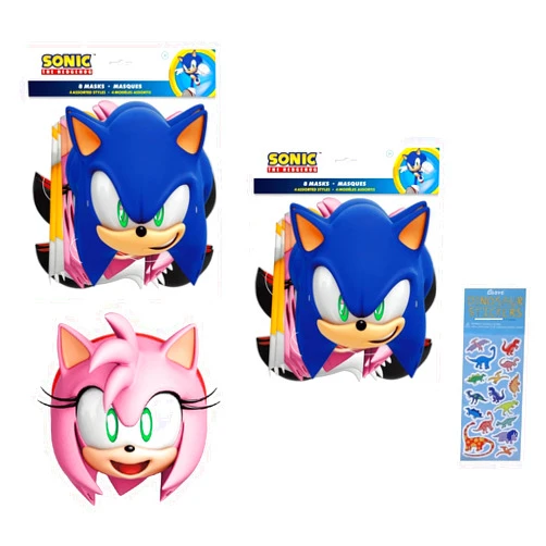 Unique Sonic Birthday Party Supplies Bundle includes 16 Party Paper Masks and 1 Dinosaur Sticker Sheet