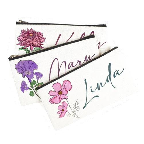 GIFTBYGIFTY Personalized Gifts for Women - Birth Flower Makeup Bag w/Name & Birth Flower, 12 Floral Options - Custom Cosmetic Bag for Women, Bridesmaid Gifts, (Small)