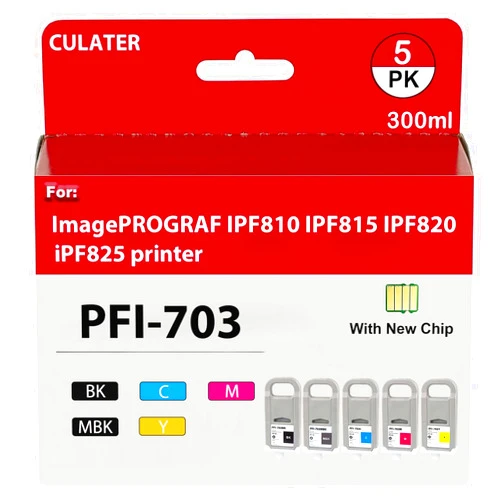 CULater PFI-703 PFI703 Remanufactured Ink Tank PFI703MBK PFI703BK PFI703C PFI703M PFI703Y Ink Cartridge Replacement for imagePROGRAF IPF810 IPF815 IPF820 iPF825 Printer (700ML, 5 Pack)
