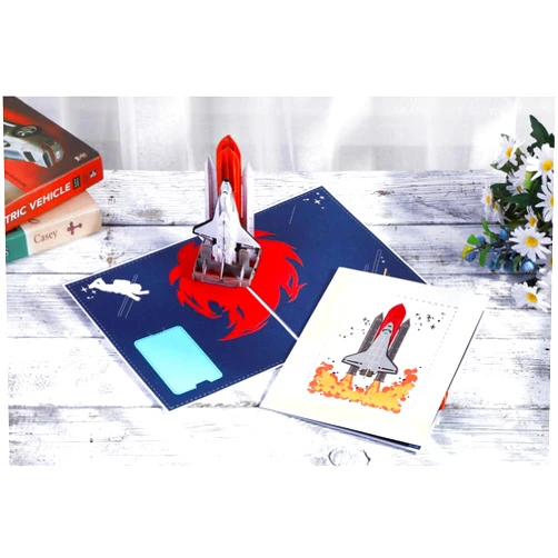 AITpop Space Birthday Thank You Cards- Spaceship is Launching,Encouragement Card,Birthday Gifts,Graduation Card,Greeting Card,3D Pop Up Card(Blue)