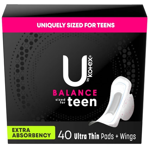 U by Kotex Balance Sized for Teens Ultra Thin Pads with Wings, Heavy Absorbency, 160 Count (4 Packs of 40) (Packaging May Vary)