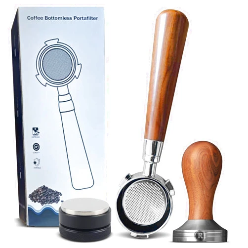 Rolling Waves 51mm 3 Ears Bottomless Portafilter with Free Coffee Distributor and Tamper for Breville Espresso Machine - Bottomless Portafilter with Ergonomic Rosewood Handle