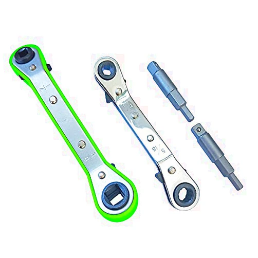 Grant's Garage Refrigeration Tool Set 4 pack: 1 Green Service Wrench (1/4, 3/8, 3/16 & 5/16) + 1 Ratchet Box End Wrench (5/16 x 1/4) + 2 Air Conditioning Valve Hex Tools