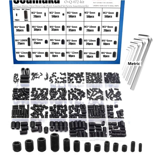 Seamaka 620Pcs M2, M3, M4, M5, M6, M8 Metric Hex Socket Head Cup Point Set Screws (Black),25 Size 12.9 Class Alloy Steel Grub Screw Assortment Kit with 6 Hex Wrenches for for Home Repairs & Fixtures