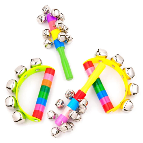 Whaline 4pcs Hand Jingle Bells Hand Sleigh Bells Rainbow Rattles Bell Handhold Wooden Bells with Handle Musical Instrument Gifts School Desk Ring Bell for Education Party Christmas