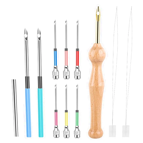 InnoHHustle Punch Needle Kit, 12PCS Embroidery Punch Needle Tool Adjustable Punch Needle Embroidery Kit Complete Punch Needle Threader Wooden Handle Embroidery Pen Set for Adults Beginner Floss Cross Stitching