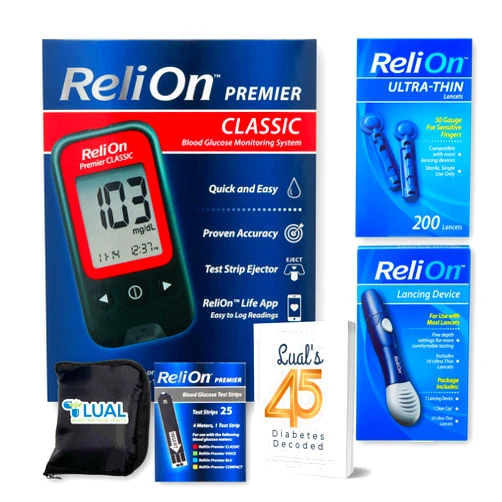 LUAL Premier Glucose Monitor Starter Kit with Strips, Lancets & Lancing. Full Diabetes Testing Bundle with Luall's 45 Diabetes Decoded