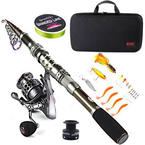 Sougayilang Fishing Rod Combos with Telescopic Fishing Pole Spinning Reels Fishing Carrier Bag for Travel Saltwater Freshwater Fishing