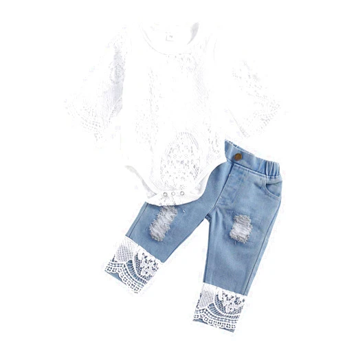 HEZIOWYUN Infant Baby Girl Spring Summer Outfits Lace hollw Bodysuit Romper Top Ripped Jeans Pants 2Pcs Clothes Set