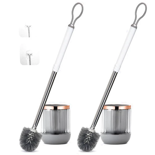 GUCOLUBU Toilet Bowl Brush and Holder 2 Pack Long Handle Toilet Brush for Bathroom with Separate Base for Floor and Wall Mounted Plastic Toilet Brush Set Under The Rim Household Cleaning (White)