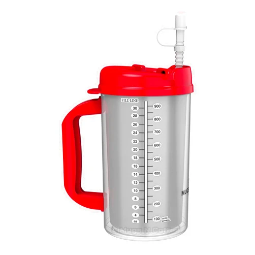 Mugs N Coffee 32 oz Travel Mug – Red Hospital Mug for Cold Drinks – Double Wall Insulated, Large Handle – BPA-Free, Leak-Resistant – Includes Lid and Straw – Made in USA