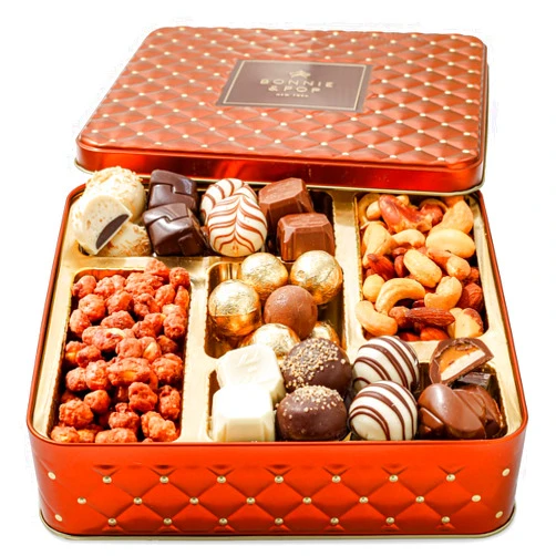BONNIE AND POP Snack Assortment Gift Basket- Candy and Nuts Gift Tin- Gourmet Treat Variety Present in Keepsake Tray– Gift Idea for Thanksgiving, Holidays, Christmas, Men, Women, Him, Her- Bonnie and Pop
