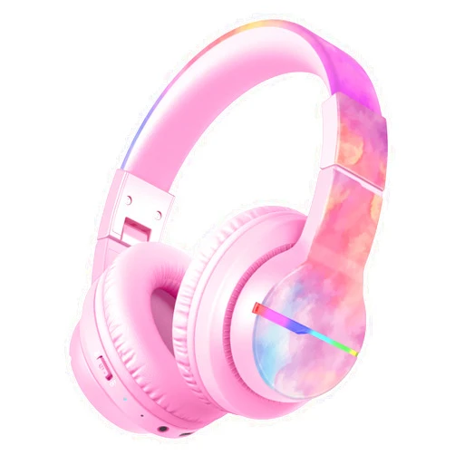 iClever BTH12 Kids Bluetooth Headphones,Colorful LED Lights Wireless Kids Headphones,74/85dBA Safe Volume, 85H Playtime,Bluetooth 5.2,Over Ear Headphones Built-in Mic for iPad/Tablet,Tie-dye Pink