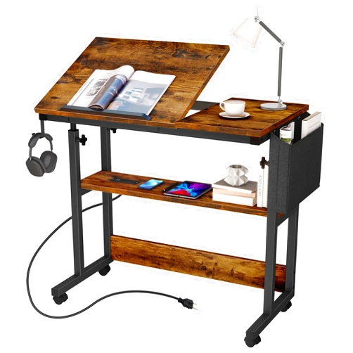 DWVO Height Adjustable Drawing Desk with Charging Station & Wheels, Rolling Craft Table with Tilting Top and Storage Bag, Small Standing & Sitting Laptop Computer Desk (Brown)