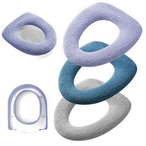 Guojanfon 3Pcs/Pack Bathroom Soft Thicker Warmer Stretchable Washable Cloth Toilet Seat Cover Pads (Light Purple, Dark Green, Gray)