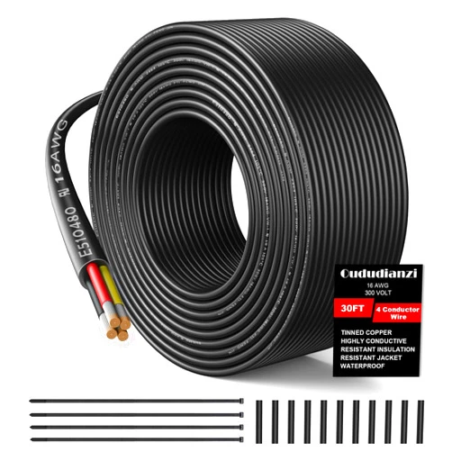 Oududianzi 16 Gauge 4 Conductor Electrical Wire, 16 AWG Stranded PVC Cord, 12V Low Voltage Oxygen-Free Tinned Copper Flexible 16/4 for Automotive Marine LED Strips Lamps Lighting (30FT/ 9.1M)