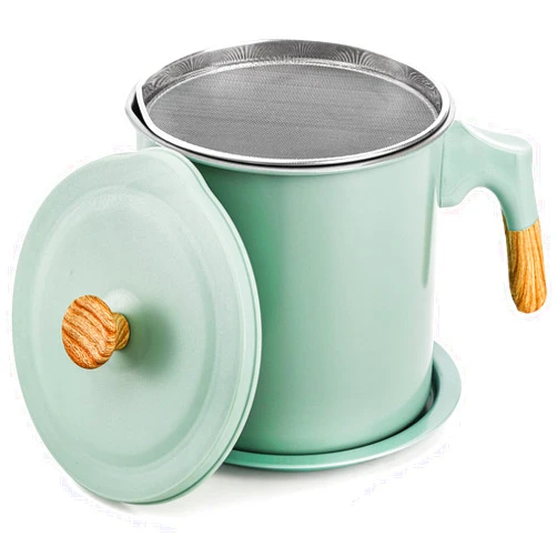 Lyellfe Bacon Grease Container with Strainer, 1.4L/48 Oz Stainless Steel Oil Filter Pot for Kitchen, Green Cooking Oil Storage Container for Used Cooking Oil, Fat and Frying Oil