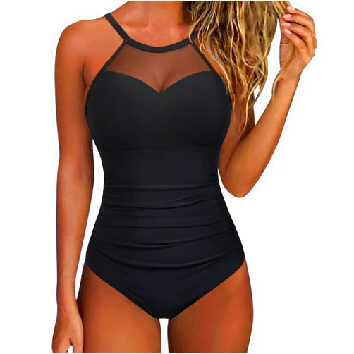 SUUKSESS Women Tummy Control One Piece Swimsuit Sexy Mesh High Neck Bathing Suit