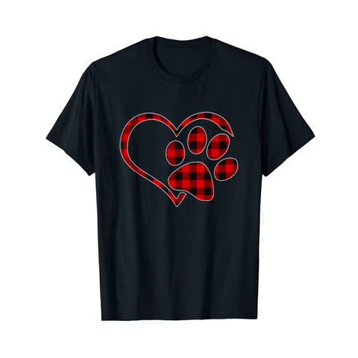 Funny Buffalo Plaid Christmas Idea Red Black Plaid Heart Paw Matching Family Pajama Funny Gift T-Shirt