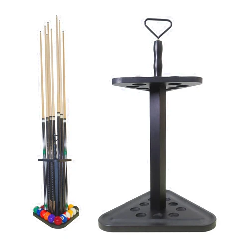 JAYOBGO Pool Stick Holder Billiards Cue Rack, Pool Cue Floor Stand Holds 9 Billiard Sticks & Billiards Accessories, Wood Triangle Billiard Stick Stand Cue Rack Only
