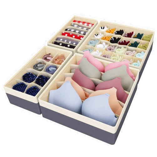 StorMiracle Drawer Organizer Divider, Foldable Closet Storage Organizer Basket, and Fabric Organization Bins for Clothes, Socks, Underwear, Bras, Ties, Accessories, 4 Pcs (Beige & Dark Grey)