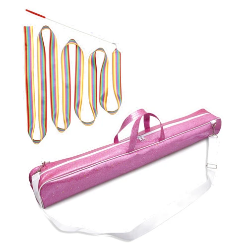 Cintrio Twirling Baton Bag Case with Adjustable Shoulder Strap - Pink Sparkle Case for Majorette Marching Dance Batons - Complete with Rainbow Dance Ribbon Streamer