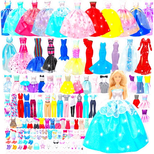 Style Shine 70 Pcs Doll Clothes and Accessories,4 Wedding Gowns 2 Evening Dresses 8 Fashion Dresses 6 Set Casual Outfit Top and Pant 2 Swimsuit,18 Hanger 10 Shoe 20 Accessories Toys for Girls Kid Gift