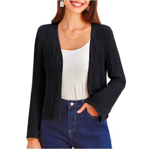 GRACE KARIN Womens Cropped Cardigan Lightweight Crochet Open Front Shrug Sweater Hollow Out V Neck Button Up Bolero Knit Top