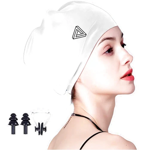 Trisens Long Hair Swimming Cap for Womens (White)