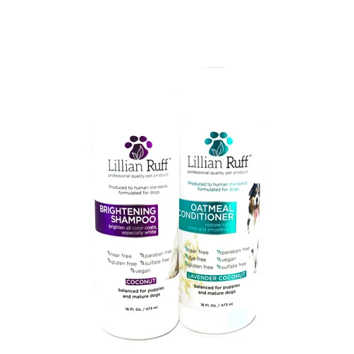 Lillian Ruff Brightening Shampoo & Oatmeal Conditioner Set for Dogs – Safe for Cats - Tear Free Coconut Scent with Aloe for Normal, Dry & Sensitive Skin