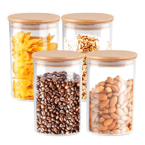CDBOVID Set of 4 Airtight Glass Jars with Bamboo Lids - 37oz Decorative and Durable Borosilicate Glass Canisters Perfect for Storing Coffee Beans,Tea,Flour,Sugar,Nuts,Candy,Bath Salts and More
