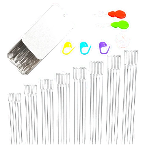 Eketirry 40PCS Large Eye Sewing Needles, 8 Sizes Hand Sewing Sharp Needles, Embroidery Needle, Leather Needle,Stainless Steel Yarn Needles with Threaders & Stitch Markers (Silver)
