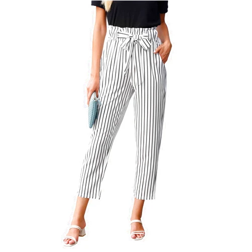 GRACE KARIN Women Pants Striped High Waist Pants Casual Paper Bag Pants with Pockets