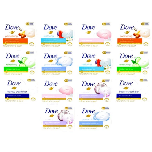 Dove, Beauty Bar Soap Variety Pack of 14, Go Fresh, Shea Butter, Coconut Milk, White, Pampering, Restoring, Exfoliating - 90g (7 Scents, 2 of Each)