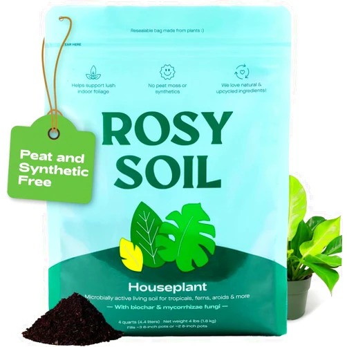 Rosy Soil Indoor Potting Soil for House Plants - Organic Potting Soil Mix for Indoor Plants -Enriched w/Root-Boosting Biochar for Foliage Plants, Flowers, Herbs - Peat Free House Plant Soil - 4qt